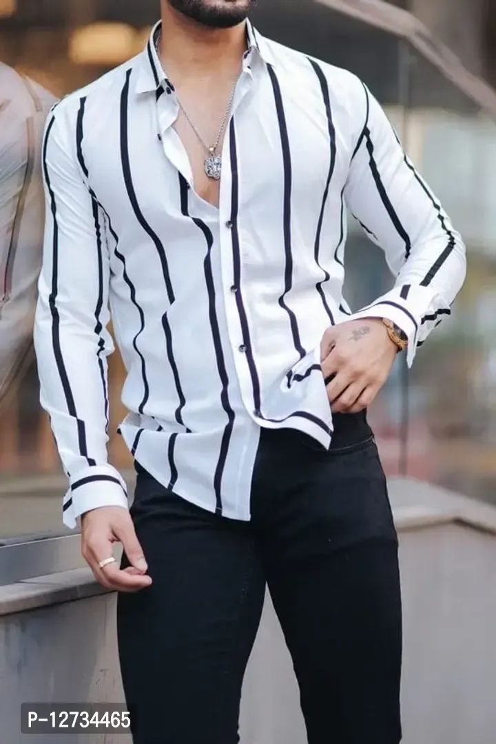 White Polyester Spandex Striped Casual Shirts For Men